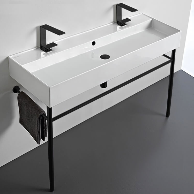 Scarabeo 8031/R-120B-CON-BLK-Two Hole Double Ceramic Console Sink and Matte Black Stand